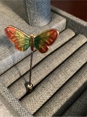 Vintage Butterfly Stick Pin Brooch in Iridescent Green and Orange